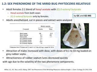 1.2: SEX PHEROMONE OF THE MIRID BUG PHYTOCORIS RELATIVUS
• Adult females 2:1 blend of hexyl acetate with (E)-2-octenyl butyrate
– Hexyl acetate from both sexes
– (E)-2-octenyl butyrate only by females.
• Adults anesthetized, cut in pieces and extract were analyzed
• Attraction of males increased with dose, with doses of 0.1 to 33 mg loaded on
grey rubber septa.
• Attractiveness of rubber septum lures decreased quickly
with age due to the volatility of the two pheromone components.
Millar, J.G., R.E. Rice, and Q. Wang. 1997. Sex Pheromone of the Mirid Bug Phytocoris relativus Knight. J. Chem. Ecology 23:1743-1754.
by GC and GC-MS
 