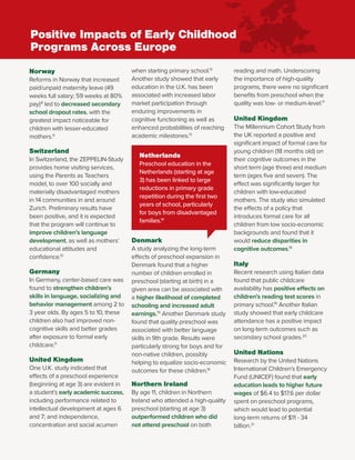 Norway
Reforms in Norway that increased
paid/unpaid maternity leave (49
weeks full salary; 59 weeks at 80%
pay)8
led to decreased secondary
school dropout rates, with the
greatest impact noticeable for
children with lesser-educated
mothers.9
Switzerland
In Switzerland, the ZEPPELIN-Study
provides home visiting services,
using the Parents as Teachers
model, to over 100 socially and
materially disadvantaged mothers
in 14 communities in and around
Zurich. Preliminary results have
been positive, and it is expected
that the program will continue to
improve children’s language
development, as well as mothers’
educational attitudes and
confidence.10
Germany
In Germany, center-based care was
found to strengthen children’s
skills in language, socializing and
behavior management among 2 to
3 year olds. By ages 5 to 10, these
children also had improved non-
cognitive skills and better grades
after exposure to formal early
childcare.11
United Kingdom
One U.K. study indicated that
effects of a preschool experience
(beginning at age 3) are evident in
a student’s early academic success,
including performance related to
intellectual development at ages 6
and 7; and independence,
concentration and social acumen
when starting primary school.12
Another study showed that early
education in the U.K. has been
associated with increased labor
market participation through
enduring improvements in
cognitive functioning as well as
enhanced probabilities of reaching
academic milestones.13
Netherlands
Preschool education in the
Netherlands (starting at age
3) has been linked to large
reductions in primary grade
repetition during the first two
years of school, particularly
for boys from disadvantaged
families.14
Denmark
A study analyzing the long-term
effects of preschool expansion in
Denmark found that a higher
number of children enrolled in
preschool (starting at birth) in a
given area can be associated with
a higher likelihood of completed
schooling and increased adult
earnings.15
Another Denmark study
found that quality preschool was
associated with better language
skills in 9th grade. Results were
particularly strong for boys and for
non-native children, possibly
helping to equalize socio-economic
outcomes for these children.16
Northern Ireland
By age 11, children in Northern
Ireland who attended a high-quality
preschool (starting at age 3)
outperformed children who did
not attend preschool on both
reading and math. Underscoring
the importance of high-quality
programs, there were no significant
benefits from preschool when the
quality was low- or medium-level.17
United Kingdom
The Millennium Cohort Study from
the UK reported a positive and
significant impact of formal care for
young children (18 months old) on
their cognitive outcomes in the
short term (age three) and medium
term (ages five and seven). The
effect was significantly larger for
children with low-educated
mothers. The study also simulated
the effects of a policy that
introduces formal care for all
children from low socio-economic
backgrounds and found that it
would reduce disparities in
cognitive outcomes.18
Italy
Recent research using Italian data
found that public childcare
availability has positive effects on
children’s reading test scores in
primary school.19
Another Italian
study showed that early childcare
attendance has a positive impact
on long-term outcomes such as
secondary school grades.20
United Nations
Research by the United Nations
International Children’s Emergency
Fund (UNICEF) found that early
education leads to higher future
wages of $6.4 to $17.6 per dollar
spent on preschool programs,
which would lead to potential
long-term returns of $11 - 34
billion.21
Positive Impacts of Early Childhood
Programs Across Europe
 