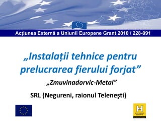 Acțiunea Externă a Uniunii Europene Grant 2010 / 228-991

„Instalaţii tehnice pentru
prelucrarea fierului forjat”
„Zmuvinadorvic-Metal”
SRL (Negureni, raionul Teleneşti)

 