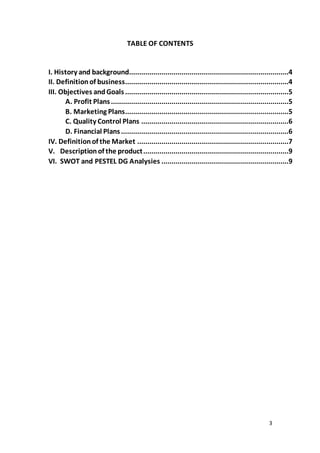 3
TABLE OF CONTENTS
I. History and background...............................................................................4
II. Definitionof business.................................................................................4
III. Objectives andGoals.................................................................................5
A. Profit Plans........................................................................................5
B. Marketing Plans.................................................................................5
C. Quality Control Plans .........................................................................6
D. Financial Plans...................................................................................6
IV. Definitionof the Market ...........................................................................7
V. Descriptionof the product........................................................................9
VI. SWOT and PESTEL DG Analysies ...............................................................9
 