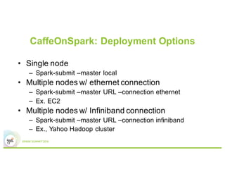 CaffeOnSpark: Deployment Options
12
• Single node
– Spark-submit –master local
• Multiple nodes w/ ethernet connection
– Spark-submit –master URL –connection ethernet
– Ex. EC2
• Multiple nodes w/ Infiniband connection
– Spark-submit –master URL –connection infiniband
– Ex., Yahoo Hadoop cluster
 