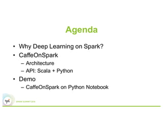 Agenda
2
• Why Deep Learning on Spark?
• CaffeOnSpark
– Architecture
– API: Scala + Python
• Demo
– CaffeOnSpark on Python Notebook
 