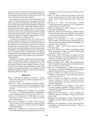 persuasion (58.9%; a shift of about 18 percentage points). For
instance, the facilitative effect of the extended metaphor was
less pronounced in the context of crime because viruses and
beasts can both be “treated” and “attacked.”
For comparison, in prior work, we have found shifts on the
order of 15 percentage points in a free response task and 8
percentage points in a forced choice task, when response op-
tions were described without extended metaphors (Thibodeau
& Boroditsky, 2011, 2013). One notable difference between
the present work and prior studies is the use of multiple tar-
get domains and pairs of metaphor frames. Thus, we are in
a position to make a more general claim about how metaphor
frames inﬂuence reasoning, as well as to explore some of the
boundary conditions of metaphor framing effects in future
work (Steen, Reijnierse, & Burgers, 2014).
As noted in the introduction, there are at least two rea-
sons that extended metaphors may facilitate persuasion: ei-
ther because they re-instantiate the conceptual structure of
the initial frame or because they provide a more associative
(lexical) link to the initial frame. The present work sug-
gests that the conceptual entailments and lexical associations
of metaphors are mutually beneﬁcial sources of information
(see, e.g., Patterson, 2014), as people were most likely to
be inﬂuenced by the metaphor frame when the conceptually
related response option was described with a matching ex-
tended metaphor.
Although it is valuable to think about how these distinct
sources of information contribute, separately and in combi-
nation, to long-term and on-line representations, it may not
be possible to dissociate them completely. Further, at a pro-
cess level, both of these sources of information can be can be
modeled as a spreading activation in an associative network
(Flusberg, Thibodeau, Sternberg, & Glick, 2010; Rogers &
McClelland, 2008; John, 1992).
References
Bates, D., Maechler, M., Bolker, B., & Walker, S. (2013).
lme4: Linear mixed-effects models using eigen and s4. R
package version, 1(4).
Clark, H. H. (1973). The language-as-ﬁxed-effect fallacy:
A critique of language statistics in psychological research.
Journal of Verbal Learning and Verbal Behavior, 12(4),
335–359.
Flusberg, S. J., Thibodeau, P. H., Sternberg, D. A., & Glick,
J. J. (2010). A connectionist approach to embodied con-
ceptual metaphor. Frontiers in Psychology, 1(197), 1-11.
Graesser, A. C., & Bower, G. H. (1990). Inferences and text
comprehension. (Vol. XIX; G. H. B. Arthur C. Graesser,
Ed.). Academic Press.
Hauser, D. J., & Schwarz, N. (2014). The war on pre-
vention bellicose cancer metaphors hurt (some) prevention
intentions. Personality and Social Psychology Bulletin,
0146167214557006.
Hutchison, K. A., Balota, D. A., Cortese, M. J., & Watson,
J. M. (2008). Predicting semantic priming at the item level.
The Quarterly Journal of Experimental Psychology, 61(7),
1036–1066.
Jaeger, T. F. (2008). Categorical data analysis: Away from
anovas (transformation or not) and towards logit mixed
models. Journal of Memory and Language, 59(4), 434–
446.
John, M. F. S. (1992). The story gestalt: A model
of knowledge-intensive processes in text comprehension.
Cognitive Science, 16(2), 271–306.
Lakoff, G., & Johnson, M. (2008). Metaphors we live by.
University of Chicago press.
Landau, M. J., Sullivan, D., & Greenberg, J. (2009). Evidence
that self-relevant motives and metaphoric framing interact
to inﬂuence political and social attitudes. Psychological
Science, 20(11), 1421–1427.
Landauer, T. K., & Dumais, S. T. (1997). A solution to
plato’s problem: The latent semantic analysis theory of ac-
quisition, induction, and representation of knowledge. Psy-
chological review, 104(2), 211.
Menard, S. (2002). Applied logistic regression analysis
(Vol. 106). Sage.
Nayak, N. P., & Gibbs, R. W. (1990). Conceptual knowledge
in the interpretation of idioms. Journal of Experimental
Psychology: General, 119(3), 315.
Patterson, K. J. (2014). The analysis of metaphor: To what
extent can the theory of lexical priming help our under-
standing of metaphor usage and comprehension? Journal
of psycholinguistic research, 1–22.
Robins, S., & Mayer, R. E. (2000). The metaphor framing
effect: Metaphorical reasoning about text-based dilemmas.
Discourse Processes, 30(1), 57–86.
Rogers, T. T., & McClelland, J. L. (2008). Pr´ecis of seman-
tic cognition: A parallel distributed processing approach.
Behavioral and Brain Sciences, 31(06), 689–714.
Sopory, P., & Dillard, J. P. (2002). The persuasive effects of
metaphor: A meta-analysis. Human Communication Re-
search, 28(3), 382–419.
Steen, G. J., Dorst, A. G., Herrmann, J. B., Kaal, A., Kren-
nmayr, T., & Pasma, T. (2010). A method for linguistic
metaphor identiﬁcation: From mip to mipvu (Vol. 14). John
Benjamins Publishing.
Steen, G. J., Reijnierse, W. G., & Burgers, C. (2014). When
do natural language metaphors inﬂuence reasoning? a
follow-up study to thibodeau and boroditsky (2013). PloS
one, 9(12), e113536.
Thibodeau, P. H., & Boroditsky, L. (2011). Metaphors we
think with: The role of metaphor in reasoning. PLoS One,
6(2), e16782.
Thibodeau, P. H., & Boroditsky, L. (2013). Natural language
metaphors covertly inﬂuence reasoning. PloS one, 8(1),
e52961.
Thibodeau, P. H., & Boroditsky, L. (2015). Measuring effects
of metaphor in a dynamic opinion landscape. PloS one,
10(7), e0133939.
1540
 