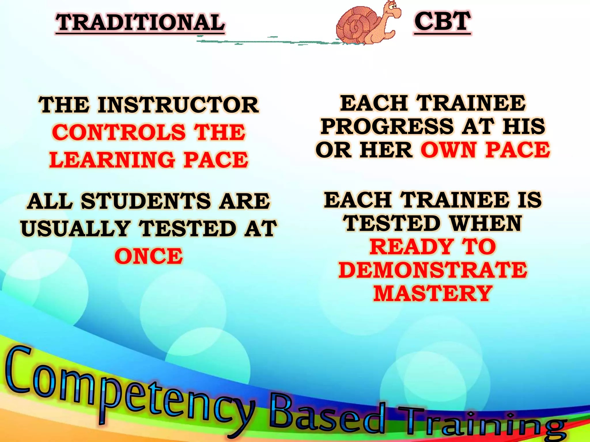 TRADITIONAL CBT
EACH TRAINEE
PROGRESS AT HIS
OR HER OWN PACE
EACH TRAINEE IS
TESTED WHEN
READY TO
DEMONSTRATE
MASTERY
THE INSTRUCTOR
CONTROLS THE
LEARNING PACE
ALL STUDENTS ARE
USUALLY TESTED AT
ONCE
 