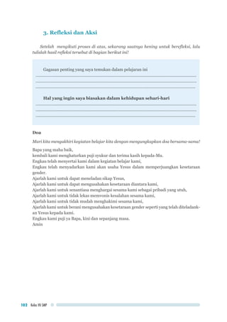 Kelas VII SMP102
3. Refleksi dan Aksi
Setelah mengikuti proses di atas, sekarang saatnya hening untuk berefleksi, lalu
tulislah hasil refleksi tersebut di bagian berikut ini!
Gagasan penting yang saya temukan dalam pelajaran ini
……………..............................................................................................................................
.............................................................................................................................................
.............................................................................................................................................
Hal yang ingin saya biasakan dalam kehidupan sehari-hari
……………..............................................................................................................................
.............................................................................................................................................
.............................................................................................................................................
Doa
Mari kita mengakhiri kegiatan belajar kita dengan mengungkapkan doa bersama-sama!
Bapa yang maha baik,
kembali kami menghaturkan puji syukur dan terima kasih kepada-Mu.
Engkau telah menyertai kami dalam kegiatan belajar kami,
Engkau telah menyadarkan kami akan usaha Yesus dalam memperjuangkan kesetaraan
gender.
Ajarlah kami untuk dapat meneladan sikap Yesus,
Ajarlah kami untuk dapat mengusahakan kesetaraan diantara kami,
Ajarlah kami untuk senantiasa menghargai sesama kami sebagai pribadi yang utuh,
Ajarlah kami untuk tidak lekas memvonis kesalahan sesama kami,
Ajarlah kami untuk tidak mudah menghakimi sesama kami,
Ajarlah kami untuk berani mengusahakan kesetaraan gender seperti yang telah diteladank-
an Yesus kepada kami.
Engkau kami puji ya Bapa, kini dan sepanjang masa.
Amin
 