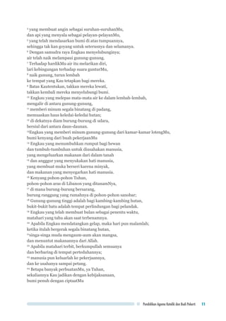 Pendidikan Agama Katolik dan Budi Pekerti 11
4
yang membuat angin sebagai suruhan-suruhanMu,
dan api yang menyala sebagai pelayan-pelayanMu,
5
yang telah mendasarkan bumi di atas tumpuannya,
sehingga tak kan goyang untuk seterusnya dan selamanya.
6
Dengan samudra raya Engkau menyelubunginya;
air telah naik melampaui gunung-gunung.
7
Terhadap hardikMu air itu melarikan diri,
lari kebingungan terhadap suara gunturMu,
8
naik gunung, turun lembah
ke tempat yang Kau tetapkan bagi mereka.
9
Batas Kautentukan, takkan mereka lewati,
takkan kembali mereka menyelubungi bumi.
10
Engkau yang melepas mata-mata air ke dalam lembah-lembah,
mengalir di antara gunung-gunung,
11
memberi minum segala binatang di padang,
memuaskan haus keledai-keledai hutan;
12
di dekatnya diam burung-burung di udara,
bersiul dari antara daun-daunan.
13
Engkau yang memberi minum gunung-gunung dari kamar-kamar lotengMu,
bumi kenyang dari buah pekerjaanMu
14
Engkau yang menumbuhkan rumput bagi hewan
dan tumbuh-tumbuhan untuk diusahakan manusia,
yang mengeluarkan makanan dari dalam tanah
15
dan angggur yang menyukakan hati manusia,
yang membuat muka berseri karena minyak,
dan makanan yang menyegarkan hati manusia.
16
Kenyang pohon-pohon Tuhan,
pohon-pohon aras di Libanon yang ditanamNya,
17
di mana burung-burung bersarang,
burung ranggung yang rumahnya di pohon-pohon sanobar;
18
Gunung-gunung tinggi adalah bagi kambing-kambing hutan,
bukit-bukit batu adalah tempat perlindungan bagi pelandak.
19
Engkau yang telah membuat bulan sebagai penentu waktu,
matahari yang tahu akan saat terbenamnya.
20
Apabila Engkau mendatangkan gelap, maka hari pun malamlah;
ketika itulah bergerak segala binatang hutan,
21
singa-singa muda mengaum-aum akan mangsa,
dan menuntut makanannya dari Allah.
22
Apabila matahari terbit, berkumpullah semuanya
dan berbaring di tempat perteduhannya;
23
manusia pun keluarlah ke pekerjaannya,
dan ke usahanya sampai petang.
24
Betapa banyak perbuatanMu, ya Tuhan,
sekaliannya Kau jadikan dengan kebijaksanaan,
bumi penuh dengan ciptaatMu
 