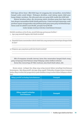 Pendidikan Agama Katolik dan Budi Pekerti 19
blok kayu ukiran besar. Blok-blok kayu ini canggung dan merepotkan, memerlukan
banyak waktu untuk belajar. Walaupun demikian, anak tukang sepatu tidak puas
hanya belajar membaca. Dia tahu pasti ada cara yang lebih mudah dan lebih baik.
Selama bertahun-tahun, dia merancang sistem membaca yang baru bagi orang
buta dengan menusukkan bintik-bintik pada kertas. Untuk mencapai tujuannya, anak
pembuat sepatu menggunakan alat pelubang kulit yang sama yang membutakannya.
Nama anak ini adalah Louis Braille, pencipta huruf Braille
(Sumber: Zig Ziglar. Something to Smile About. Untuk Membuat ia Tersenyum)
Setelah membaca cerita di atas, jawab beberapa pertanyaan berikut !
1.	 Apa yang menarik bagimu dari kisah tersebut?
..............................................................................................................................................	
..............................................................................................................................................
2.	 Dapatkah kamu menemukan tokoh-tokoh lain yang mempunyai kemiripan dengan kisah
di atas?
..............................................................................................................................................	
..............................................................................................................................................
3. Pelajaran apa yang kamu petik dari kisah tersebut?
..............................................................................................................................................	
..............................................................................................................................................
Bila di tempatmu tersedia internet, kamu bisa menemukan banyak kisah orang
yang mempunyai keterbatasan tetapi hidupnya sukses bahkan terkenal.
Kamu bisa mencarinya di Video motivasi, atau kisah-kisah sukses, dsb.
Secara umum terdapat dua sikap yang sering muncul dalam menyikapi keterbatasan
kemampuan. Ada sikap positif, ada juga sikap negatif. Diskusikan dengan teman-temanmu
kedua sikap tersebut dan pengaruhnya pada tindakan orang tersebut dalam hidupnya sehari-
hari.
Sikap positif terhadap keterbatasan Dampak
.....................................................
.....................................................
.....................................................
.....................................................
.....................................................
.....................................................
.....................................................
.....................................................
Sikap negatif terhadap
keterbatasan
Dampak
.....................................................
.....................................................
.....................................................
.....................................................
.....................................................
.....................................................
.....................................................
.....................................................
 