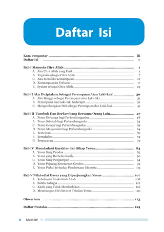 Kelas VII SMPiv
Kata Pengantar ......................................................................................	iii
Daftar Isi 	 ................................................................................................................	iv
	
Bab I Manusia Citra Allah.......................................................................	1
A.	 Aku Citra Allah yang Unik ...........................................................................	2
B.	 Tugasku sebagai Citra Allah.........................................................................	7
C.	 Aku Memiliki Kemampuan..........................................................................	12
D.	 Kemampuanku Terbatas..............................................................................	17
E.	 Syukur sebagai Citra Allah...........................................................................	23
	
Bab II Aku Diciptakan Sebagai Perempuan Atau Laki-Laki.....................	30
A.	 Aku Bangga sebagai Perempuan atau Laki-laki..........................................	31
B.	 Perempuan dan Laki-laki Sederajat............................................................	36
C.	 Mengembangkan Diri sebagai Perempuan dan Laki-laki........................... 	41
	
Bab III Tumbuh Dan Berkembang Bersama Orang Lain.........................	47
A.	 Peran Keluarga bagi Perkembanganku.......................................................	48
B.	 Peran Sekolah bagi Perkembanganku.........................................................	54
C.	 Peran Gereja bagi Perkembanganku...........................................................	59
D.	 Peran Masyarakat bagi Perkembanganku...................................................	64
E.	 Berteman......................................................................................................	70
F.	 Bersahabat....................................................................................................	74
G.	 Berpacaran...................................................................................................	79
	
Bab IV Meneladani Karakter dan Sikap Yesus........................................	84
A.	 Yesus Sang Pendoa.......................................................................................	85
B.	 Yesus yang Berbelas Kasih...........................................................................	90
C.	 Yesus Sang Pengampun...............................................................................	94
D.	 Yesus Pejuang Kesetaraan Gender..............................................................	99
E.	 Yesus Peduli terhadap Penderitaan Manusia..............................................	103
	
Bab V Nilai-nilai Dasar yang Diperjuangkan Yesus.................................	107
A.	 Kebebasan Anak-Anak Allah........................................................................	108
B.	 Sabda Bahagia..............................................................................................	112
C.	 Kasih yang Tidak Membedakan...................................................................	116
D.	 Membangun Diri Seturut Teladan Yesus.....................................................	120
Glosarium	 ............................................................................................	123
Daftar Pustaka........................................................................................	124
Daftar Isi
 