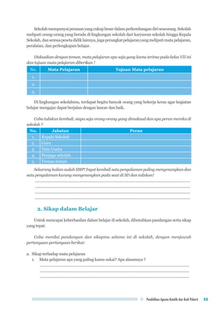 Pendidikan Agama Katolik dan Budi Pekerti 55
Sekolahmempunyaiperananyangcukupbesardalamperkembangandiriseseorang.Sekolah
meliputi orang-orang yang berada di lingkungan sekolah dari karyawan sekolah hingga Kepala
Sekolah,dansemuapesetadidiklainnya,jugaperangkatpelajaranyangmeliputimatapelajaran,
peralatan, dan perlengkapan belajar.
Diskusikan dengan teman, mata pelajaran apa saja yang kamu terima pada kelas VII ini
dan tujuan mata pelajaran diberikan !
No. Mata Pelajaran Tujuan Mata pelajaran
1.
2.
3.
Di lingkungan sekolahmu, terdapat begitu banyak orang yang bekerja keras agar kegiatan
belajar mengajar dapat berjalan dengan lancar dan baik.
Coba tuliskan kembali, siapa saja orang-orang yang dimaksud dan apa peran mereka di
sekolah ?
No. Jabatan Peran
1. Kepala Sekolah
2. Guru
3. Tata Usaha
4. Penjaga sekolah
5. Teman-teman
Sekarang kalian sudah SMP! Ingat kembali satu pengalaman paling menyenangkan dan
satu pengalaman kurang menyenangkan pada saat di SD dan tuliskan!
........................................................................................................................................................
........................................................................................................................................................
........................................................................................................................................................
........................................................................................................................................................
2. Sikap dalam Belajar
Untuk mencapai keberhasilan dalam belajar di sekolah, dibutuhkan pandangan serta sikap
yang tepat.
Coba menilai pandangan dan sikapmu selama ini di sekolah, dengan menjawab
pertanyaan-pertanyaan berikut:
a.	 Sikap terhadap mata pelajaran
1.	 Mata pelajaran apa yang paling kamu sukai? Apa alasannya ?
..................................................................................................................................................
..................................................................................................................................................
..................................................................................................................................................
 