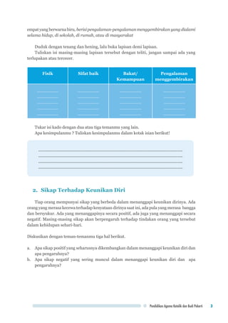 Pendidikan Agama Katolik dan Budi Pekerti 3
empat yang berwarna biru, berisi pengalaman-pengalaman menggembirakan yang dialami
selama hidup, di sekolah, di rumah, atau di masyarakat
Duduk dengan tenang dan hening, lalu buka lapisan demi lapisan.
Tuliskan isi masing-masing lapisan tersebut dengan teliti, jangan sampai ada yang
terlupakan atau tercecer.
Fisik Sifat baik Bakat/
Kemampuan
Pengalaman
menggembirakan
……………….
……………….
……………….
……………….
……………….
……………….
……………….
……………….
……………….
……………….
……………….
……………….
……………….
……………….
……………….
……………….
……………….
……………….
……………….
……………….
Tukar isi kado dengan dua atau tiga temanmu yang lain.
Apa kesimpulanmu ? Tuliskan kesimpulanmu dalam kotak isian berikut!
................................................................................................................................
................................................................................................................................
................................................................................................................................
................................................................................................................................
2.	 Sikap Terhadap Keunikan Diri
Tiap orang mempunyai sikap yang berbeda dalam menanggapi keunikan dirinya. Ada
orang yang merasa kecewa terhadap kenyataan dirinya saat ini, ada pula yang merasa bangga
dan bersyukur. Ada yang menanggapinya secara positif, ada juga yang menanggapi secara
negatif. Masing-masing sikap akan berpengaruh terhadap tindakan orang yang tersebut
dalam kehidupan sehari-hari.
Diskusikan dengan teman-temanmu tiga hal berikut.
a.	 Apa sikap positif yang seharusnya dikembangkan dalam menanggapi keunikan diri dan
apa pengaruhnya?
b.	 Apa sikap negatif yang sering muncul dalam menanggapi keunikan diri dan apa
pengaruhnya?
 