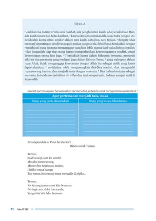 Kelas VII SMP72
Fil 2:1-8
1
Jadi karena dalam Kristus ada nasihat, ada penghiburan kasih, ada persekutuan Roh,
ada kasih mesra dan belas kasihan, 2
karena itu sempurnakanlah sukacitaku dengan ini:
hendaklah kamu sehati sepikir, dalam satu kasih, satu jiwa, satu tujuan, 3
dengan tidak
mencarikepentingan sendiri atau puji-pujian yang sia-sia.Sebaliknyahendaklahdengan
rendah hati yang seorang menganggap yang lain lebih utama dari pada dirinya sendiri;
4
dan janganlah tiap-tiap orang hanya memperhatikan kepentingannya sendiri, tetapi
kepentingan orang lain juga. 5
Hendaklah kamu dalam hidupmu bersama, menaruh
pikiran dan perasaan yang terdapat juga dalam Kristus Yesus, 6
yang walaupun dalam
rupa Allah, tidak menganggap kesetaraan dengan Allah itu sebagai milik yang harus
dipertahankan, 7
melainkan telah mengosongkan diri-Nya sendiri, dan mengambil
rupa seorang hamba, dan menjadi sama dengan manusia. 8
Dan dalam keadaan sebagai
manusia, Ia telah merendahkan diri-Nya dan taat sampai mati, bahkan sampai mati di
kayu salib.
SetelahmerenungkanbacaanKitabSucitersebut,cobalahuntukmengisibahasanberikut!
Agar pertemanan menjadi baik, maka
Sikap yang perlu diusahakan Sikap yang harus dihindarkan
................................................................
................................................................
................................................................
................................................................
................................................................
................................................................
................................................................
................................................................
................................................................
................................................................
................................................................
................................................................
................................................................
................................................................
................................................................
................................................................
Renungkanlah isi Puisi berikut ini !
Rindu untuk Teman
Teman,
Saat ku sepi, saat ku sendiri
Mataku menerawang,
Menerobos kegelapan malam
Hatiku terasa hampa
Tak terasa, butiran air mata mengalir di pipiku.
Teman,
Ku kenang masa-masa kita bersama
Berbagi rasa, duka dan canda,
Yang slalu kita lalui bersama
 