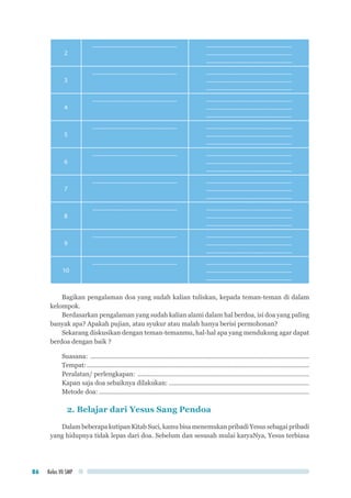 Kelas VII SMP86
2
............................................................... ................................................................
................................................................
................................................................
3
............................................................... ................................................................
................................................................
................................................................
4
............................................................... ................................................................
................................................................
................................................................
5
............................................................... ................................................................
................................................................
................................................................
6
............................................................... ................................................................
................................................................
................................................................
7
............................................................... ................................................................
................................................................
................................................................
8
............................................................... ................................................................
................................................................
................................................................
9
............................................................... ................................................................
................................................................
................................................................
10
............................................................... ................................................................
................................................................
................................................................
Bagikan pengalaman doa yang sudah kalian tuliskan, kepada teman-teman di dalam
kelompok.
Berdasarkan pengalaman yang sudah kalian alami dalam hal berdoa, isi doa yang paling
banyak apa? Apakah pujian, atau syukur atau malah hanya berisi permohonan?
Sekarang diskusikan dengan teman-temanmu, hal-hal apa yang mendukung agar dapat
berdoa dengan baik ?
Suasana: ..............................................................................................................................
Tempat:................................................................................................................................
Peralatan/ perlengkapan: ...................................................................................................
Kapan saja doa sebaiknya dilakukan: ................................................................................
Metode doa:.........................................................................................................................
2. Belajar dari Yesus Sang Pendoa
Dalam beberapa kutipan Kitab Suci, kamu bisa menemukan pribadi Yesus sebagai pribadi
yang hidupnya tidak lepas dari doa. Sebelum dan sesusah mulai karyaNya, Yesus terbiasa
 
