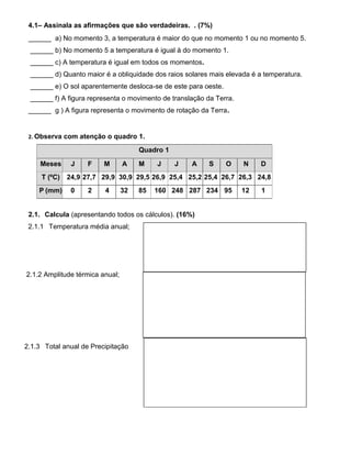 4.1– Assinala as afirmações que são verdadeiras. . (7%)
______ a) No momento 3, a temperatura é maior do que no momento 1 ou no momento 5.
______ b) No momento 5 a temperatura é igual à do momento 1.
______ c) A temperatura é igual em todos os momentos.
______ d) Quanto maior é a obliquidade dos raios solares mais elevada é a temperatura.
______ e) O sol aparentemente desloca-se de este para oeste.
______ f) A figura representa o movimento de translação da Terra.
______ g ) A figura representa o movimento de rotação da Terra.
2. Observa com atenção o quadro 1.
Quadro 1
Meses J F M A M J J A S O N D
T (ºC) 24,9 27,7 29,9 30,9 29,5 26,9 25,4 25,2 25,4 26,7 26,3 24,8
P (mm) 0 2 4 32 85 160 248 287 234 95 12 1
2.1. Calcula (apresentando todos os cálculos). (16%)
2.1.1 Temperatura média anual;
2.1.2 Amplitude térmica anual;
2.1.3 Total anual de Precipitação
 