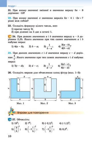 21. При якому значенні змінної а значення виразу 5а - 8
дорівнює -13?
22. При якому значенні х значення виразів Зле- 4 і -2х + 7
рівні між собою?
23. Складіть формулу цілого числа, яке:
1) кратне числу 9;
2) при діленні на 5 дає в остачі 1.
РОЗДІЛ 1
24. При деяких значеннях а і &значення виразу а - Ь до­
рівнює 2,25. Якого значення при тих самих значеннях а і Ь
набуває вираз:
1 3(а - 6) „
1)4 ( а -Ь ); 2) Ь - а ; 3 )--------; 4) 1 /о
Ь - а 4(Ь - а)
25. При деяких значеннях c i d значення виразу с - d дорів­
нює Якого значення при тих самих значеннях c i d набуває
вираз:
1)7( c - d ) ; 2)d - с; 3 ) 4 )
d - с 4( c - d )
26. Складіть вирази для обчислення площ фігур (мал. 1-3):
М а л . 1
Вправи для повторення
3) (-2,1)2;
ф 27. Обчисліть:
1) ІЗ2; 2) 73;
5)
(
2 3
і1:
гЧ
1
S
; 7 ) - і - 9
V Ь )
4) (-1Д)3;
8) 0,23.
10
 