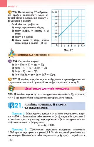 РОЗДІЛ 2
<В 765. На малюнку 17 зображе­
но графік залежності маси т
(у кг) відра з водою від об’єму V
(у л) води в ньому.
Знайдіть за графіком:
1) масу порожнього відра;
2) масу відра, у якому 4 л
води;
3) масу 1 л води;
4) об’єм води у відрі, якщо
маса відра з водою - 8 кг.
Вправи для повторення
^ 766. Спростіть вираз:
1) (а - 5)(а + 5) - а(а + 7);
2) т(т - 4) + (9 - т)(т + 9);
3) 2а(а - Ь) - (а - Ь)2;
4) (g + 5р)(5р - q ) ~ ( p ~ 5g)2 - 10pq.
^ 767. Доведіть, що різниця між будь-яким трицифровим на­
туральним числом і сумою його цифр є кратною числу 9.
Цікаві задачі для учнів неледачих "5^
768. Доведіть, що якщо п - натуральне число (п > 1), то число
4" - 3 не може бути квадратом натурального числа.
К Д О І ЛІНІЙНА ФУНКЦІЯ, її ГРАФІК
1 • ТА ВЛАСТИВОСТІ
Приклад 1. Маса одного цвяха 4 г, а маса порожнього ящи­
ка - 600 г. Залежність між масою т (у г) ящика із цвяхами і
кількістю цвяхів у ньому, що дорівнює х (х - натуральне чис­
ло), можна задати формулою:
т. = 4х + 600.
Приклад 2. Щомісячна зарплата продавця становить
1500 грн та ще премія в розмірі 1 % від вартості реалізовано­
го товару. Залежність між зарплатою у (у грн) і вартістю х
Мал. 17
148
 