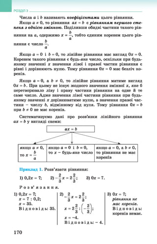 РОЗДІЛ з
Числа а і 6 називають коефіцієнтами цього рівняння.
Якщо а * 0, то рівняння ах = 6 є рівнянням першого сте­
пеня з однією змінною. Поділивши обидві частини такого рів­
няння на а, одержимо х = —, тобто єдиним коренем цього рів-
а
Ь
няння є число —.
а
Якщо а = 0 і Ь = 0, то лінійне рівняння має вигляд Ох = 0.
Коренем такого рівняння є будь-яке число, оскільки при будь-
якому значенні х значення лівої і правої частин рівняння є
рівні і дорівнюють нулю. Тому рівняння Ох = 0 має безліч ко­
ренів.
Якщо а = 0, а 6 Ф 0, то лінійне рівняння матиме вигляд
Ох = 6. При цьому не існує жодного значення змінної х, яке б
перетворювало ліву і праву частини рівняння на одне й те
саме число. Адже значення лівої частини рівняння при будь-
якому значенні х дорівнюватиме нулю, а значення правої час­
тини - числу 6, відмінному від нуля. Тому рівняння Ох = 6
при Ь * 0 не має коренів.
Систематизуємо дані про розв’язки лінійного рівняння
ах = 6 у вигляді схеми:
ЯКЩО 0 ^ 0 , якщо а = 0 і 6 = 0 , якщо а = 0 , а 6 ф 0 ,
Ь
то х = —
а
то х - будь-яке число то рівняння не має
коренів
ах = 6
Приклад 1. Розв’язати рівняння:
1) 0,2х = 7; 2) 3) Ох = 7.
Р о з в ’ я з а н н я .
1) 0,2х = 7;
х = 7 : 0,2;
х = 35.
В і д п о в і д ь : 35.
2) 2 2
— х = 2 - ;
З З
о 2 ( 2Лх = 2 —: —
З І З
х = -4.
В і д п о в і д ь : - 4 .
3) Ох = 7;
рівняння не
має коренів.
В і д п о в і д ь :
коренів немає.
170
 