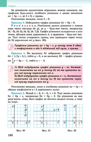 РОЗДІЛ з
За допомогою аналогічних міркувань можна показати, що
графіком будь-якого лінійного рівняння з двома змінними
ах + Ьу = с, де Ь ф 0, є пряма.
Розглянемо випадок, коли 6 = 0.
Приклад 3. Побудувати графік рівняння 2х + 0у = 8.
Р о з в’ я з а н н я . Розв’язком даного рівняння є кожна
пара чисел вигляду (4; у), де у - будь-яке число, наприклад
(4; -2), (4; 0), (4; 3), (4; 7,5). Графік рівняння складається з усіх
точок, абсциси яких дорівнюють 4, а ординати - будь-які чис­
ла. Такі точки утворюють пряму, яка проходить через точку
(4; 0) паралельно осі у (мал. ЗО).
Графіком рівняння ах + Ьу = с, у якому хоча б один
з коефіцієнтів а або Ь відмінний від нуля, є пряма.
Приклад 4. На малюнку 31 зображено графік рівняння
Ох + 1,7у = 5,1, тобто у = 3, а на малюнку 32 - графік рівнян­
ня - х + 0у = - 1 , тобто х = - 3.
1) Щ об побудувати графік рівняння у = т, достат­
ньо позначити на осі у точку (0; т) та провести че­
р ез неі пряму паралельно осі х.
2) Щ об побудувати графік рівняння х = п, достатньо
позначити на осі х точку (п; 0) т а провести через
неі пряму паралельно осі у.
Розглянемо випадок, коли в лінійному рівнянні ах + Ьу = с
обидва коефіцієнти а і Ь дорівнюють нулю.
Приклад 5. Нехай а = 0, Ь = 0, с ф 0. Тоді маємо рівняння
Ох + 0у = с, наприклад Ох + Оу = 2. Це рівняння не має
розв’язків, отже, його графік не містить жодної точки, а тому
не існує.
У‘1 оо
II
%
о
+
см
1
0 4 X
У>к
3 У==3
1
0 X
го
І У ‘
1
II
Я
і
- 3 0 х
Мал. 30
190
Мал. 31 Мал. 32
 