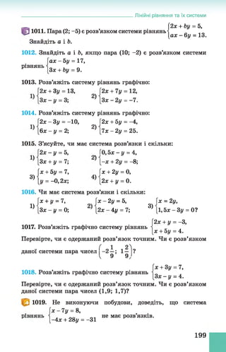 Лінійні рівняння та їх системи
Ґ2х + Ьу = Ь,
[ах - 6 у = 13.
1011. Пара (2; -5) є розв’язком системи рівнянь 
Знайдіть а і Ь.
1012. Знайдіть а і 6, якщо пара (10; -2) є розв’язком системи
а х -Ь у = 11,
Зх + Ьу = 9.
рівнянь
1013. Розв’яжіть систему рівнянь графічно:
Г2х + 3у = 13, 2х + 7у = 12,
2) | з * - 2і, = -7 .
1014. Розв’яжіть систему рівнянь графічно:
2х -З у = -10, І2х + 5у = -4,
[6х - у = 2; 2) [7х -2 у = 25.
1015. З’ясуйте, чи має система розв’язки і скільки:
2х - у = 5, Г0,5х - у = А,
) [Зх + у = 7; ) [-ж + 2у = - 8;
(х + 5у = 7, (х + 2у = 0,
3 ) {у = -0,2х; [2х + у = 0.
1016. Чи має система розв’язки і скільки:
[х + у = 7, (х -2 у = 5, (х = 2у,
1) [Зх-і/ = 0; 2) [2х-4і/ = 7; 3) [і,5х - Зу = 0?
1017. Розв’яжіть графічно систему рівнянь
2х + у = - З,
[х + Ьу = 4.
Перевірте, чи є одержаний розв’язок точним. Чи є розв’язком
( 1 2Л
даної системи пара чисел -2 —; 1 — ?
V 9 9 >
1018. Розв’яжіть графічно систему рівнянь
х + 3у = 7,
[Зх - у = 4.
Перевірте, чи є одержаний розв’язок точним. Чи є розв’язком
даної системи пара чисел (1,9; 1,7)?
1019. Не виконуючи побудови, доведіть, що система
х - 7 у = 8,
рівнянь і . не має розв язків.
1 -Ах + 28у = -31
199
 