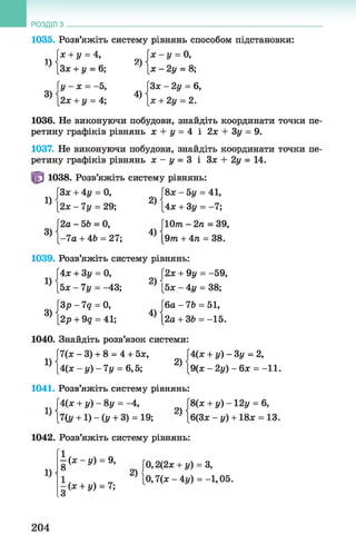 РОЗДІЛ з ________________________________________________________________________________
1035. Розв’яжіть систему рівнянь способом підстановки:
ЛХ+ У = А’ 2Х~ У = ° ’
' [3* + у = 6; , {х -2 у = 8;
[у - х = -5, |3х - 2у = 6,
3^ [2х + у = 4; ^ [де+ 2у = 2.
1036. Не виконуючи побудови, знайдіть координати точки пе­
ретину графіків рівнянь х + у = 4 і 2х + Зу = 9.
1037. Не виконуючи побудови, знайдіть координати точки пе­
ретину графіків рівнянь х - у = 3 і Зж + 2у = 14.
1038. Розв’яжіть систему рівнянь:
|Зх + 4г/ = 0, [8* - 5г/= 41,
Ц [2ж - 7 у = 29; 2) [4* + Зу = -7;
[2а - 56 = 0, [1От - 2га = 39,
3) [-7 а + 46 = 27; 4) [9/га+ 4га = 38.
1039. Розв’яжіть систему рівнянь:
[4ж + 3у = 0, |2ж + 9у = -59,
Ц [бх - 7г/ = -43; 2) [б* - 4г/ = 38;
ІЗр - 7д = 0, Гба - 76 = 51,
3) [2р + 9д = 41; 4) [2а + 36 = -1 5 .
1040. Знайдіть розв’язок системи:
Г7(ж-3) + 8 = 4 + 5ж, Г4(ж + у) - 3 у = 2,
Ц [4(ж - у) - 7г/ = б, 5; 2) [9(х - 2у) - бж = -11.
1041. Розв’яжіть систему рівнянь:
[4(х + у )-8 у = -4, |8(ж + у) - 12у = б,
' 17(і/ +1) - (у + 3) = 19; ) [6(3* - у) + 18ж = 13.
1042. Розв’яжіть систему рівнянь:
1
8
1)
Ї (Х У)“ 9’ [0, 2(2ж+ у) = З,
—(ж+ у) = 7; ) І0,7(ж-4у) = -1,05.
.3
204
 