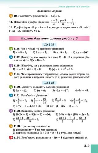 Лінійні рівняння та їх системи
Д одат кові вправи
10. Розв’яжіть рівняння |3 - 4х| = 5.
ччт-г,- - • х + 2 у - З 1
11. Побудуйте графік рівняння —- — + = - — .
12. Графік функції у = кх + І проходить через точки (3; -4) і
(-12; -9). Знайдіть к і і .
Вправи для повторення розділу З
До§ 22
|0 1116. Чи є число -5 коренем рівняння:
1) х + 3 = 2; 2) 2 - х = 7; 3) х : 5 = 1; 4)4х = -20?
^ 1117. Доведіть, що кожне із чисел 2, -3 і 0 є коренем рів­
няння х(х - 2)(х + 3) = 0.
1118. З’ясуйте, чи є рівносильними рівняння:
1) |х|= 2 і х(х + 2) = 0; 2) |х|= 4 і х2 = 16.
Є 1119. Чи є правильним твердження: «Якщо кожен корінь од­
ного рівняння є коренем іншого, то ці рівняння рівносильні»?
До§ 23
|0 1120. Укажіть кількість коренів рівняння:
1) 7х = -12; 2) Ох = 0; 3 )-3 х = -17; 4) Ох = - 8.
Ф 1121. Розв’яжіть рівняння:
1 4 2 а о ч 4 1 6 о ч X І ^ Л  х , х ЛК .
1)— х = 6; 2 )—х = ------; 3 )------- = 3; 4) —+ —= 15;
З 7 21 7 2 3
5) 4,7х - 2 = 4,5х + 3; 6) 2х - 3 - (Зх - 2) = - 8.
1122. Знайдіть корінь рівняння:
1) 10(2х - 7) - 5(4х - 2) = -60; 2) 3(5х - 4) - (15х - 2) = 9;
Зх +1 2х +1 0 .. 2х +1 7 - х 5х - З
3 ) + ----------= 2; 4 )-------------------- = --------- .
7 5 3 6 2
^ 1123. При якому значенні а:
1) рівняння ах = 8 не має коренів;
2) коренем рівняння (а + 3)х = а + 3 є будь-яке число?
1124. Розв’яжіть рівняння (а - 1)х = 8 відносно змінної х.
219
 