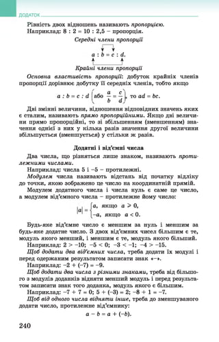 Рівність двох відношень називають пропорцією.
Наприклад: 8 : 2 = 10 : 2,5 - пропорція.
Середні члени пропорції
а : Ь = с : й.
{ і
Крайні члени пропорції,
Основна властивість пропорції: добуток крайніх членів
пропорції дорівнює добутку її середніх членів, тобто якщо
ДОДАТОК__________________________________________________________________
а : Ь = с : сі
„ а с
або —= —
Ь сі
то асі = Ьс.
Дві змінні величини, відношення відповідних значень яких
є сталим, називають прямо пропорційними. Якщо дві величи­
ни прямо пропорційні, то зі збільшенням (зменшенням) зна­
чення однієї з них у кілька разів значення другої величини
збільшується (зменшується) у стільки ж разів.
Додатні і від’ємні числа
Два числа, що різняться лише знаком, називають проти­
лежними числами.
Наприклад: числа 5 і -5 - протилежні.
Модулем числа називають відстань від початку відліку
до точки, якою зображено це число на координатній прямій.
Модулем додатного числа і числа нуль є саме це число,
а модулем від’ємного числа - протилежне йому число:
(а, якщо а > 0,
-а, якщо а < 0.
Будь-яке від’ємне число є меншим за нуль і меншим за
будь-яке додатне число. З двох від’ємних чисел більшим є те,
модуль якого менший, і меншим є те, модуль якого більший.
Наприклад: 2 > -10; -5 < 0 ; -3 < -1; -4 > -15.
Щ об додати два від’ємних числа, треба додати їх модулі і
перед одержаним результатом записати знак «—».
Наприклад: -2 + (-7) = -9.
Щоб додати два числа з різними знаками, треба від більшо­
го з модулів доданків відняти менший модуль і перед результа­
том записати знак того доданка, модуль якого є більшим.
Наприклад: -7 + 7 = 0; 5 + (-3) = 2; -8 + 1 = -7.
Щ об від одного числа відняти інше, треба до зменшуваного
додати число, протилежне від’ємнику:
а - Ь = а + (-6).
240
 