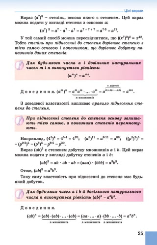 Вираз (а7)3 - степінь, основа якого є степенем. Цей вираз
можна подати у вигляді степеня з основою а:
(а7) 3 = а7 •а7 •а7 = а7+7+7 = а7'3 = а21.
У той самий спосіб можна пересвідчитися, що ((я7)3)2 = х42.
Тобто степінь при піднесенні до степеня дорівнює степеню з
тією самою основою і показником, що дорівнює добутку по­
казників даних степенів.
Цілі вирази
У)Д ля будь-якого числа а і довільних нат уральних
З чисел т і п виконується рівніст ь:
(ат)п = атп.
п доданків
Л Л тп „т „т+т+...+т „тп
о в е д е н н я . (а ) —а а ...-а = а = а
п множників
З доведеної властивості випливає правило піднесення сте­
пеня до степеня.
При піднесенні степеня до степеня основу залиша-
3 ють тією самою, а показники степенів перемножу­
ють.
Наприклад, (45)4 = 45'4 = 420; (а8)11 = а811 = а88; ((р3)2)5 =
= (р32)5 = (р6)5 =Р65 =Р30.
Вираз (аб)3 є степенем добутку множників а і Ь. Цей вираз
можна подати у вигляді добутку степенів а і Ь:
(ab)3 =ab •ab •ab = (ааа) •(bbb) = а3Ь3.
Отже, (аб)3 = а3Ь3.
Таку саму властивість при піднесенні до степеня має будь-
який добуток.
Д ля будь-яких чисел а іЬ й довільного нат урального
числа п виконується рівніст ь (аЬ)п = а пЬп.
Д о в е д е н н я .
(ab)n = (ab) (ab)-... (ab) = (аа ■... ■а) ■фЬ ■... ■Ь) = а пЬп.
п множників п множників п множників
25
 