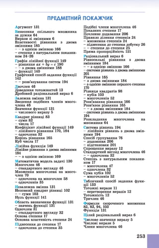 ПРЕДМЕТНИЙ ПОКАЖЧИК
Аргумент 131
Винесення спільного множника
за дужки 64
Вирази зі змінними 6
Властивості рівняння з двома
змінними 185
з однією змінною 166
- степеня з натуральним показни­
ком 24-26
Графік лінійної функції 149
- рівняння ах + Ьу = с 190
з двома змінними 188
- функції 140
Графічний спосіб задания функції
142
розв’язування систем 194
Двочлен 46
Доведення тотожностей 13
Дробовий раціональний вираз 6
Залежна змінна 131
Зведення подібних членів много­
члена 46
Значення функції 131
- числового виразу 5
Квадрат різниці 83
- суми 82
- числа 17
Коефіцієнт лінійної функції 149
- лінійного рівняння 170, 184
- одночлена 32
Корінь рівняння 165
Куб числа 17
Лінійна функція 149
Лінійне рівняння з двома змінними
184
з однією змінною 169
Математична модель задачі 130
Многочлен 46
- стандартного вигляду 46
Множення многочлена на много­
член 70
- одночлена на многочлен 58
- одночленів 35
Незалежна змінна 131
Неповний квадрат різниці 102
суми 103
Нуль функції 141
Область визначення функції 131
- значень функції 131
Одночлен 31
- стандартного вигляду 32
Основа степеня 17
Основна властивість степеня 24
Піднесення до степеня 17
- одночлена до степеня 35
Подібні члени многочлена 46
Показник степеня 17
Почленне додавання 206
Правило ділення степенів 24
- множення степенів 24
- піднесення до степеня добутку 26
степеня до степеня 25
Пряма пропорційність 151
Раціональний вираз 6
Рівносильні рівняння з двома
змінними 184
з однією змінною 166
- системи рівнянь з двома змінними
201
Рівняння 165
- з двома змінними 184
- з однією змінною першого степеня
170
Різниця квадратів 98
- кубів 103
- многочленів 52
Розв’язання рівняння 166
Розв’язок рівняння 165
з двома змінними 184
- системи рівнянь з двома змінними
194
Розкладання многочлена на
множники 64
Система рівнянь 194
- лінійних рівнянь з двома змін­
ними 194
Спосіб групування 76
- додавання 206
- підстановки 201
Спрощення виразу 12
Стандартний вигляд многочлена 46
одночлена 32
Степінь з натуральним показни­
ком 17
- многочлена 47
- одночлена 32
Сума кубів 102
- многочленів 52
Табличний спосіб задання функ­
ції 133
Тотожні вирази 11
- перетворення виразів 12
Тотожність 12
Тричлен 46
Формули скороченого множення
82, 83, 94, 103
Функція 131
Цілий раціональний вираз 6
Числове значення виразу 5
Числові вирази 5
Члени многочлена 46
253
 