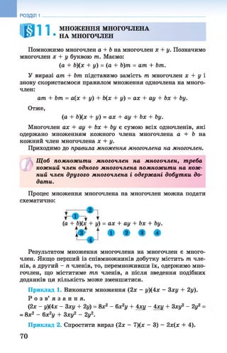 МНОЖЕННЯ МНОГОЧЛЕНА
1 * НА МНОГОЧЛЕН
Помножимо многочлен а + Ь на многочлен х + у. Позначимо
многочлен х + у буквою т. Маємо:
(а + Ь)(х + у) = (а + Ь)т = ат + Ьт.
У виразі ат + Ьт підставимо замість т многочлен х + у і
знову скористаємося правилом множення одночлена на много­
член:
ат + Ьт = а(х + у) + Ь(х + у) = ах + ау + Ьх + Ьу.
Отже,
(а + Ь)(х + у) = ах + ау + Ьх + Ьу.
Многочлен ах + ау + Ьх + Ьу є сумою всіх одночленів, які
одержано множенням кожного члена многочлена а + Ь на
кожний член многочлена х + у.
Приходимо до правила множення многочлена на многочлен.
РОЗДІЛ 1
Щ об помножити многочлен на многочлен, т реба
кожний член одного многочлена помножити на кож ­
ний член другого многочлена і одерж ані добутки до­
дати.
Процес множення многочлена на многочлен можна подати
схематично:
1
(а + Ь)(х + у) = ах + ау + Ьх + Ьу.
ї 3 • • • •
Результатом множення многочлена на многочлен є много­
член. Якщо перший із співмножників добутку містить т чле­
нів, а другий - п членів, то, перемноживши їх, одержимо мно­
гочлен, що міститиме тп членів, а після зведення подібних
доданків ця кількість може зменшитися.
Приклад 1. Виконати множення (2х - у)(4х - 3ху + 2у).
Р о з в ’ я з а н н я .
(2х - у)(4х - 3ху + 2у) = 8х2 - 6х2у + 4ху - 4ху + 3ху2 - 2у2
- 8х2 - 6х2у + 3ху2 - 2у2.
Приклад 2. Спростити вираз (2х - 7)(х - 3) - 2х(х + 4).
70
 