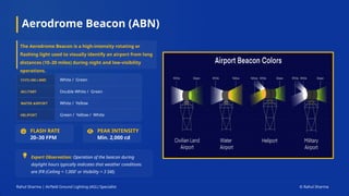 Aerodrome Beacon (ABN)
Rahul Sharma | Airfield Ground Lighting (AGL) Specialist © Rahul Sharma
The Aerodrome Beacon is a high-intensity rotating or
flashing light used to visually identify an airport from long
distances (10–20 miles) during night and low-visibility
operations.
Expert Observation: Operation of the beacon during
daylight hours typically indicates that weather conditions
are IFR (Ceiling < 1,000' or Visibility < 3 SM).
White / Green
Double White / Green
White / Yellow
Green / Yellow / White
FLASH RATE
20–30 FPM
PEAK INTENSITY
Min. 2,000 cd
 
