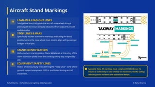 Aircraft Stand Markings
Rahul Sharma | Airfield Ground Lighting (AGL) Specialist © Rahul Sharma
Specialist Note: All markings must comply with ICAO Annex 14,
Volume I. Uniformity in color (Yellow for movement, Red for safety)
reduces ground incidents and operational delays.
LEAD-IN & LEAD-OUT LINES
Solid yellow lines that guide the aircraft nose-wheel along a
precise path to ensure wing-tip clearance from adjacent aircraft
and obstacles.
STOP LINES & BARS
Specifically located transverse markings indicating the exact
position where the nose-wheel must stop to align with passenger
bridges or fuel pits.
STAND IDENTIFICATION
Alpha-numeric markings (e.g., Stand 44) placed at the entry of the
stand to ensure pilots enter the correct parking bay assigned by
ATC.
EQUIPMENT SAFETY LINES
Red or white boundary lines defining the "Keep Clear" zone where
ground support equipment (GSE) is prohibited during aircraft
movement.
 