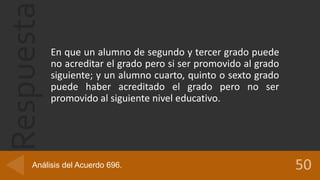 Respuesta
En que un alumno de segundo y tercer grado puede
no acreditar el grado pero si ser promovido al grado
siguiente; y un alumno cuarto, quinto o sexto grado
puede haber acreditado el grado pero no ser
promovido al siguiente nivel educativo.
Análisis del Acuerdo 696.
 