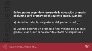 RespuestaEn los grados segundo y tercero de la educación primaria,
el alumno será promovido al siguiente grado, cuando:
a) Acredite todas las asignaturas del grado cursado, o
b) Cuando obtenga un promedio final mínimo de 6.0 en el
grado cursado, aun si no acredita el total de asignaturas.
 