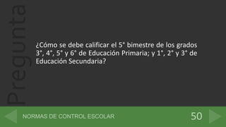 Pregunta
¿Cómo se debe calificar el 5° bimestre de los grados
3°, 4°, 5° y 6° de Educación Primaria; y 1°, 2° y 3° de
Educación Secundaria?
 