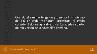 Respuesta
Cuando el alumno tenga un promedio final mínimo
de 6.0 en cada asignatura, acreditará el grado
cursado. Esto es aplicable para los grados cuarto,
quinto y sexto de la educación primaria.
 