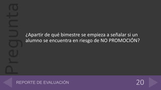 Pregunta
¿Apartir de qué bimestre se empieza a señalar si un
alumno se encuentra en riesgo de NO PROMOCIÓN?
 