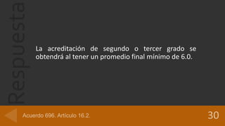 Respuesta
La acreditación de segundo o tercer grado se
obtendrá al tener un promedio final mínimo de 6.0.
 