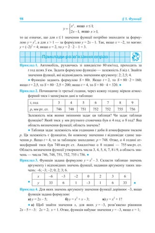 98 § 5. Функції
то це означає, що для х ≤ 1 значення функції потрібно знаходити за форму-
лою у = х2
, а для х > 1 — за формулою у = 2х – 1. Так, якщо х = –2, то маємо:
у = (–2)2
= 4; якщо х = 2, то у = 2 · 2 – 1 = 3.
Приклад 1. Автомобіль, рухаючись зі швидкістю 80 км/год, проходить за
t год шлях S км. Задати формулою функцію — залежність S від t. Знайти
значення функції, які відповідають значенням аргументу: 2; 2,5; 4.
● Функцію задають формулою S = 80t. Якщо t = 2, то S = 80 · 2 = 160;
якщо t = 2,5, то S = 80 · 2,5 = 200; якщо t = 4, то S = 80 · 4 = 320. ●
Приклад 2. Починаючи із третьої години, через кожну годину міряли атмос-
ферний тиск і записували дані в таблицю:
Залежність між якими змінними задає ця таблиця? Чи задає таблиця
функцію? Який тиск у мм ртутного стовпчика був о 4 год; о 8 год? Яка
область визначення функції; область значень?
● Таблиця задає залежність між годинами t доби й атмосферним тиском
р. Ця залежність є функцією, бо кожному значенню t відповідає єдине зна-
чення р. Якщо t = 4, то за таблицею знаходимо: р = 748. Отже, о 4 годині ат-
мосферний тиск був 748 мм рт. ст. Аналогічно о 8 годині — 755 мм рт. ст.
Область визначення функції утворюють числа 3, 4, 5, 6, 7, 8 і 9, а область зна-
чень — числа 746, 748, 751, 752, 755 і 756. ●
Приклад 3. Функція задана формулою y = х2
– 3. Скласти таблицю значень
аргументу і відповідних значень функції, надавши аргументу таких зна-
чень: –6; –3; –2; 0; 2; 3; 6.
Приклад 4. Для яких значень аргументу значення функції дорівнює –3, якщо
функція задана формулою:
а) y = 2x – 5; б) y = х2
+ x – 3; в) y = х2
+ 1?
● а) Щоб знайти значення х, для яких у = –3, розв’яжемо рівняння
2x – 5 = –3: 2x = 2; х = 1. Отже, функція набуває значення у = –3, якщо х = 1;
t, год 3 4 5 6 7 8 9
р, мм рт. ст. 746 748 751 752 752 755 756
x –6 –3 –2 0 2 3 6
● y 33 6 1 –3 1 6 33 ●
 