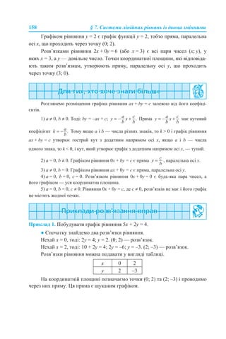 158 § 7. Системи лінійних рівнянь із двома змінними
Графіком рівняння y = 2 є графік функції y = 2, тобто пряма, паралельна
осі х, що проходить через точку (0; 2).
Розв’язками рівняння 2x + 0y = 6 (або х = 3) є всі пари чисел (х; y), у
яких х = 3, а у — довільне число. Точки координатної площини, які відповіда-
ють таким розв’язкам, утворюють пряму, паралельну осі у, що проходить
через точку (3; 0).
Розглянемо розміщення графіка рівняння aх + by = c залежно від його коефіці-
єнтів.
1) а ≠ 0, b ≠ 0. Тоді: by = –aх + c; Пряма має кутовий
коефіцієнт Тому якщо а і b — числа різних знаків, то k > 0 і графік рівняння
aх + by = c утворює гострий кут з додатним напрямом осі х, якщо а і b — числа
одного знака, то k < 0, і кут, який утворює графік з додатним напрямом осі х, — тупий.
2) а = 0, b ≠ 0. Графіком рівняння 0х + by = c є пряма , паралельна осі х.
3) а ≠ 0, b = 0. Графіком рівняння ах + 0y = c є пряма, паралельна осі у.
4) а = 0, b = 0, с = 0. Розв’язком рівняння 0х + 0y = 0 є будь-яка пара чисел, а
його графіком — уся координатна площина.
5) а = 0, b = 0, с ≠ 0. Рівняння 0х + 0y = с, де с ≠ 0, розв’язків не має і його графік
не містить жодної точки.
Приклад 1. Побудувати графік рівняння 5х + 2y = 4.
● Спочатку знайдемо два розв’язки рівняння.
Нехай х = 0, тоді: 2y = 4; y = 2. (0; 2) — розв’язок.
Нехай х = 2, тоді: 10 + 2y = 4; 2y = –6; y = –3. (2; –3) — розв’язок.
Розв’язки рівняння можна подавати у вигляді таблиці.
На координатній площині позначаємо точки (0; 2) та (2; –3) і проводимо
через них пряму. Ця пряма є шуканим графіком.
.
a c
y x
b b
= − + a cy x
b b
= − +
.ak
b
= −
c
y
b
=
х 0 2
y 2 –3
 