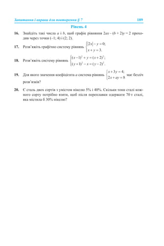 Запитання і вправи для повторення § 7 189
Рівень 4
16. Знайдіть такі числа а і b, щоб графік рівняння 2ах – (b + 2)у = 2 прохо-
див через точки (–1; 4) і (2; 2).
17. Розв’яжіть графічно систему рівнянь
18. Розв’яжіть систему рівнянь
19. Для якого значення коефіцієнта а система рівнянь має безліч
розв’язків?
20. Є сталь двох сортів з умістом нікелю 5% і 40%. Скільки тонн сталі кож-
ного сорту потрібно взяти, щоб після переплавки одержати 70 т сталі,
яка містила б 30% нікелю?
 
