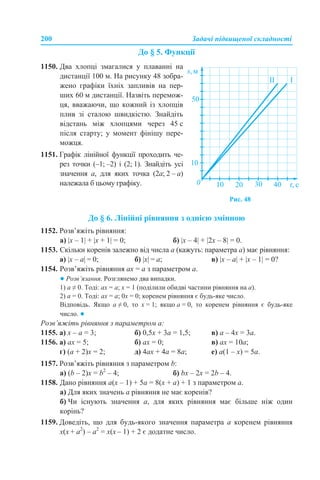 200 Задачі підвищеної складності
До § 5. Функції
До § 6. Лінійні рівняння з однією змінною
1152. Розв’яжіть рівняння:
а) |х – 1| + |x + 1| = 0; б) |х – 4| + |2x – 8| = 0.
1153. Скільки коренів залежно від числа а (кажуть: параметра а) має рівняння:
а) |х – а| = 0; б) |х| = а; в) |х – а| + |x – 1| = 0?
1154. Розв’яжіть рівняння ах = а з параметром а.
● Розв’язання. Розглянемо два випадки.
1) а ≠ 0. Тоді: ах = а; х = 1 (поділили обидві частини рівняння на а).
2) а = 0. Тоді: ах = а; 0х = 0; коренем рівняння є будь-яке число.
Відповідь. Якщо а ≠ 0, то х = 1; якщо а = 0, то коренем рівняння є будь-яке
число. ●
Розв’яжіть рівняння з параметром а:
1155. а) х – а = 3; б) 0,5х + 3а = 1,5; в) а – 4х = 3а.
1156. а) ах = 5; б) ах = 0; в) ах = 10а;
г) (а + 2)х = 2; д) 4ах + 4а = 8а; е) а(1 – х) = 5а.
1157. Розв’яжіть рівняння з параметром b:
а) (b – 2)x = b2
– 4; б) bх – 2х = 2b – 4.
1158. Дано рівняння а(х – 1) + 5а = 8(х + а) + 1 з параметром а.
а) Для яких значень а рівняння не має коренів?
б) Чи існують значення а, для яких рівняння має більше ніж один
корінь?
1159. Доведіть, що для будь-якого значення параметра а коренем рівняння
х(x + а2
) – а2
= x(x – 1) + 2 є додатне число.
1150. Два хлопці змагалися у плаванні на
дистанції 100 м. На рисунку 48 зобра-
жено графіки їхніх запливів на пер-
ших 60 м дистанції. Назвіть перемож-
ця, вважаючи, що кожний із хлопців
плив зі сталою швидкістю. Знайдіть
відстань між хлопцями через 45 с
після старту; у момент фінішу пере-
можця.
1151. Графік лінійної функції проходить че-
рез точки (–1; –2) і (2; 1). Знайдіть усі
значення а, для яких точка (2а; 2 – а)
належала б цьому графіку.
Рис. 48
 