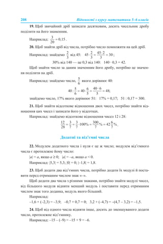 208 Відомості з курсу математики 5–6 класів
19. Щоб звичайний дріб записати десятковим, досить чисельник дробу
поділити на його знаменник.
Наприклад: .
20. Щоб знайти дріб від числа, потрібно число помножити на цей дріб.
Наприклад: знайдемо від 45: ;
30% від 140 — це 0,3 від 140: 140 · 0,3 = 42.
Щоб знайти число за даним значенням його дробу, потрібно це значен-
ня поділити на дріб.
Наприклад: знайдемо число, якого дорівнює 40:
знайдемо число, 17% якого дорівнює 51: 17% = 0,17; 51 : 0,17 = 300.
21. Щоб знайти відсоткове відношення двох чисел, потрібно знайти від-
ношення цих чисел і записати його у відсотках.
Наприклад: знайдемо відсоткове відношення чисел 12 і 28:
.
Додатні та від’ємні числа
22. Модулем додатного числа і нуля є це ж число; модулем від’ємного
числа є протилежне йому число:
|a| = a, якщо а ≥ 0; |a| = –a, якщо a < 0.
Наприклад: |5,3| = 5,3; |0| = 0; |–1,8| = 1,8.
23. Щоб додати два від’ємних числа, потрібно додати їх модулі й поста-
вити перед отриманим числом знак «–».
Щоб додати два числа з різними знаками, потрібно знайти модулі чисел,
від більшого модуля відняти менший модуль і поставити перед отриманим
числом знак того доданка, модуль якого більший.
Наприклад:
–1,6 + (–2,3) = –3,9; –0,7 + 0,7 = 0; 3,2 + (–4,7) = –(4,7 – 3,2) = –1,5.
24. Щоб від одного числа відняти інше, досить до зменшуваного додати
число, протилежне від’ємнику.
Наприклад: –15 – (–9) = –15 + 9 = –6.
 