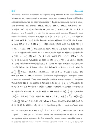 218 Відповіді
893. Настя. Вказівка. Незалежно від першого ходу Марійки Настя може залишити
після свого ходу два однакові за довжиною ланцюжки пелюсток. Якщо далі Марійка
відриватиме пелюстки від одного ланцюжка, то Настя має відривати такі ж за поряд-
ком пелюстки від іншого. 906. 1. 907. –2. 908. –2. 909. 2. 910. Існує: а = 1.
913. а) (x + у)(7 + а); б) (х – 3)(х – 1); г) с(2а + 2b + с). 914. –15. 915. 28; 16. 916. Ні.
Вказівка. Хоча б в одній купі має бути не менше, ніж 6 камінців. Підрахуйте масу
шести найлегших камінців. 919. а) (4; 2); б) (0; 4); в) (2; 1); г) (–1; 1). 920. а) (1; 1);
б) (3; –4); в) (3; 4). 924. а) Безліч; б) немає; в) один; г) безліч. 925. а) Безліч; б) немає;
в) один. 927. а = 0; b = 3. 928. а) (–1; 1); б) (–1,5; 3); (1,5; 3); в) (2; 2); (–1; 1). 929. а) 2;
б) 0,6; в) 5; г) 3. 932. 933. а) (1; 3); б) (7; –4,5). 934. а) (1; 3); б) (4; 1); в) (3; 1);
г) (1; –2); д) розв’язків немає; е) (3; 2). 935. а) (4; 0); б) (3; 5); в) (1,5; –2); г) (3; –1);
д) (7; 1); е) (1; –1). 936. а) (2; 1,5); б) (1; –2); в) (20; 0,5); г) (3; 3). 937. а) (1; 0,5);
б) (1; –1); в) (2; 10). 938. а) (2; –2); б) (4; 5). 939. (3; –3). 940. а) (3; –2); б) (–11; 65);
в) (1; –6); г) розв’язків немає; д) (0,5; 1,5); е) (12; –8). 941. а) (2; 4); б) (–2; –1); в) (–6; –4);
г) (5; 3). 943. у = –х + 4. 944. у = –0,5х + 0,5. 945. а) (4; 1); б) (4; 3); в) (5; 2); г) (6; 3);
д) 946. а = –1,5. 947. b = 1,5. 948. а) (x – 3)(2 – y); б) у(у – 5)2
; в) (–а – 2b)(3a – 2b).
950. 1; 49. 951. –10. 952. Ні. Вказівка. Одна із двох сторінок аркуша має парний номер,
а інша — непарний. Тому сума номерів сторінок одного аркуша є непарною.
953. а) (4; 3); б) (–2; –3); в) (0,5; 1). 954. а) (–1; 2); б) (–2; 4); в) (5; 1). 955. а) (3; –1);
б) (0; –2); в) (–1; 3). 956. а) (–1; –1); б) (2; –2); в) (4; –3); г) (0,5; –0,5); д) (1; –1); е) (1; –2).
957. а) (1; –2); б) (5; 6); в) (5; 0,5); г) (6; 4). 958. а) (20; 1); б) в) (48; 55);
г) 959. а) (2,5; 10); б) (–2; 4). 960. а) (3,5; 4,5); б) в)
г) 961. а) (2,5; 1); б) (16; –23). 962. а) Ні; б) так. 963. а) Так; б) ні. 965. а) (–2; 0);
б) (3; –1); (3; 1); в) (0,3; –1,2); г) (–2; 2). 966. Якщо а ≠ 2, — один розв’язок; якщо
а = 2, — безліч розв’язків. 967. 969. 32 м × 20 м. 970. 14
і 7 років. 971. 1000 грн. 972. Вказівка. Припустіть, що знайдуться два міста А і В такі,
що дорогами країни проїхати з А в В не можна. За умовою кожне з міст А і В сполуче-
не дорогою принаймні із 7 іншими містами. Оскільки інших міст є 13, то серед них
 