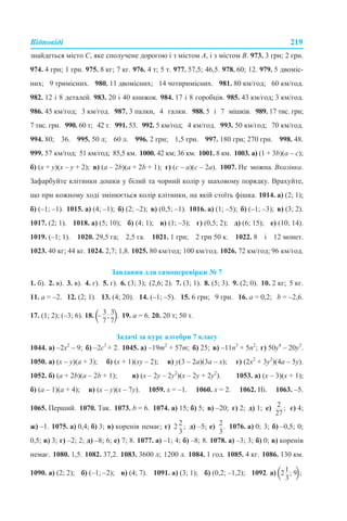 Відповіді 219
знайдеться місто С, яке сполучене дорогою і з містом А, і з містом В. 973. 3 грн; 2 грн.
974. 4 грн; 1 грн. 975. 8 кг; 7 кг. 976. 4 т; 5 т. 977. 57,5; 46,5. 978. 60; 12. 979. 5 двоміс-
них; 9 тримісних. 980. 11 двомісних; 14 чотиримісних. 981. 80 км/год; 60 км/год.
982. 12 і 8 деталей. 983. 20 і 40 книжок. 984. 17 і 8 горобців. 985. 43 км/год; 3 км/год.
986. 45 км/год; 3 км/год. 987. 3 палки, 4 галки. 988. 5 і 7 мішків. 989. 17 тис. грн;
7 тис. грн. 990. 60 т; 42 т. 991. 53. 992. 5 км/год; 4 км/год. 993. 50 км/год; 70 км/год.
994. 80; 36. 995. 50 л; 60 л. 996. 2 грн; 1,5 грн. 997. 180 грн; 270 грн. 998. 48.
999. 57 км/год; 51 км/год; 85,5 км. 1000. 42 км; 36 км. 1001. 8 км. 1003. а) (1 + 3b)(а – c);
б) (x + y)(x – y + 2); в) (a – 2b)(a + 2b + 1); г) (с – а)(с – 2а). 1007. Не можна. Вказівка.
Зафарбуйте клітинки дошки у білий та чорний колір у шаховому порядку. Врахуйте,
що при кожному ході змінюється колір клітинки, на якій стоїть фішка. 1014. а) (2; 1);
б) (–1; –1). 1015. а) (4; –1); б) (2; –2); в) (0,5; –1). 1016. а) (1; –5); б) (–1; –3); в) (3; 2).
1017. (2; 1). 1018. а) (5; 10); б) (4; 1); в) (1; –3); г) (0,5; 2); д) (6; 15); е) (10; 14).
1019. (–1; 1). 1020. 29,5 га; 2,5 га. 1021. 1 грн; 2 грн 50 к. 1022. 8 і 12 монет.
1023. 40 кг; 44 кг. 1024. 2,7; 1,8. 1025. 80 км/год; 100 км/год. 1026. 72 км/год; 96 км/год.
Завдання для самоперевірки № 7
1. б). 2. в). 3. в). 4. г). 5. г). 6. (3; 3); (2,6; 2). 7. (3; 1). 8. (5; 3). 9. (2; 0). 10. 2 кг; 5 кг.
11. а = –2. 12. (2; 1). 13. (4; 20). 14. (–1; –5). 15. 6 грн; 9 грн. 16. а = 0,2; b = –2,6.
17. (1; 2); (–3; 6). 18. 19. а = 6. 20. 20 т; 50 т.
Задачі за курс алгебри 7 класу
1044. а) –2х2
– 9; б) –2с3
+ 2. 1045. а) –19m2
+ 57m; б) 25; в) –11n3
+ 5n2
; г) 50у4
– 20у3
.
1050. а) (x – y)(а + 3); б) (x + 1)(xy – 2); в) y(3 – 2a)(3a – x); г) (2х2
+ 3y2
)(4а – 5y).
1052. б) (a + 2b)(а – 2b + 1); в) (x – 2y – 2y2
)(x – 2y + 2y2
). 1053. а) (х – 3)(х + 1);
б) (а – 1)(а + 4); в) (х – y)(х – 7y). 1059. х = –1. 1060. х = 2. 1062. Ні. 1063. –5.
1065. Перший. 1070. Так. 1073. b = 6. 1074. а) 15; б) 5; в) –20; г) 2; д) 1; е) є) 4;
ж) –1. 1075. а) 0,4; б) 3; в) коренів немає; г) д) –5; е) 1076. а) 0; 3; б) –0,5; 0;
0,5; в) 3; г) –2; 2; д) –8; 6; е) 7; 8. 1077. а) –1; 4; б) –8; 8. 1078. а) –3; 3; б) 0; в) коренів
немає. 1080. 1,5. 1082. 37,2. 1083. 3600 л; 1200 л. 1084. 1 год. 1085. 4 кг. 1086. 130 км.
1090. а) (2; 2); б) (–1; –2); в) (4; 7). 1091. а) (3; 1); б) (0,2; –1,2); 1092. а)
 