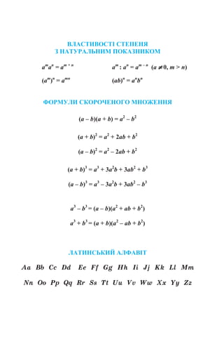 ВЛАСТИВОСТІ СТЕПЕНЯ
З НАТУРАЛЬНИМ ПОКАЗНИКОМ
am
аn
= аm + n
аm
: аn
= аm – n
(а ≠ 0, m > n)
(am
)n
= аmn
(ab)n
= аn
bn
ФОРМУЛИ СКОРОЧЕНОГО МНОЖЕННЯ
(a – b)(a + b) = a2
– b2
(a + b)2
= a2
+ 2ab + b2
(a – b)2
= a2
– 2ab + b2
(a + b)3
= a3
+ 3а2
b + 3ab2
+ b3
(a – b)3
= a3
– 3а2
b + 3ab2
– b3
a3
– b3
= (a – b)(a2
+ ab + b2
)
a3
+ b3
= (a + b)(a2
– ab + b2
)
ЛАТИНСЬКИЙ АЛФАВІТ
Aa Bb Cc Dd Ee Ff Gg Hh Ii Jj Kk Ll Mm
Nn Oo Pp Qq Rr Ss Tt Uu Vv Ww Xx Yy Zz
 