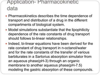 Application- Pharmacokinetic
data
 Pharmacokinetics describes the time dependence of
transport and distribution of a drug in the different
compartments of biological system.
 Model simulations substantiate that the lipophilicity
dependence of the rate constants of drug transport
should follows bi-linear relationships.
 Indeed, bi-linear equations have been derived for the
rate constant of drug transport in n-octanol/water
and for the rate constants of the transfer of various
barbiturates in a Sartorius absorption simulator from
an aqueous phase(pH-3) through an organic
membrane to another aqueous phase(pH-7.5)
modeling the gastric absorption of these compounds.
 
