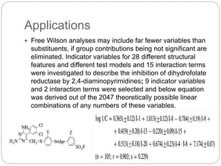 Applications
 Free Wilson analyses may include far fewer variables than
substituents, if group contributions being not significant are
eliminated. Indicator variables for 28 different structural
features and different test models and 15 interaction terms
were investigated to describe the inhibition of dihydrofolate
reductase by 2,4-diaminopyrimidines; 9 indicator variables
and 2 interaction terms were selected and below equation
was derived out of the 2047 theoretically possible linear
combinations of any numbers of these variables.
 