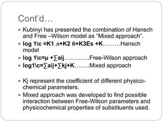 Cont’d…
 Kubinyi has presented the combination of Hansch
and Free –Wilson model as “Mixed approach”.
 log 1c =K1 л+K2 б+...