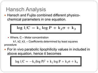 Hansch Analysis
 Hansch and Fujita combined different physico-
chemical parameters in one equation.
 Where, C – Molar co...