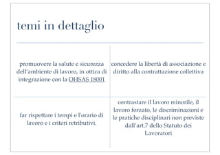 temi in dettaglio

  promuovere la salute e sicurezza concedere la libertà di associazione e
dell’ambiente di lavoro, in ottica di diritto alla contrattazione collettiva
 integrazione con la OHSAS 18001


                                          contrastare il lavoro minorile, il
                                        lavoro forzato, le discriminazioni e
 far rispettare i tempi e l'orario di   le pratiche disciplinari non previste
    lavoro e i criteri retributivi.          dall’art.7 dello Statuto dei
                                                      Lavoratori
 