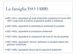 La famiglia ISO 14000:

■ ISO 1401x, riguardanti gli audit ambientali (compresa la norma ISO
  19011 sugli audit di sistema di gestione qualità e ambiente)

■ ISO 1402x, riguardanti le etichettature ambientali di prodotto

■ ISO 1403x, riguardanti le prestazioni ambientali

■ ISO 1404x, riguardanti la valutazione del ciclo di vita del prodotto

■ ISO 1405x, riguardanti i termini, deﬁnizioni e vocaboli relativi alla
  gestione ambientale

■ ISO 1406x, riguardanti diversi tipi di argomenti ambientali.
 